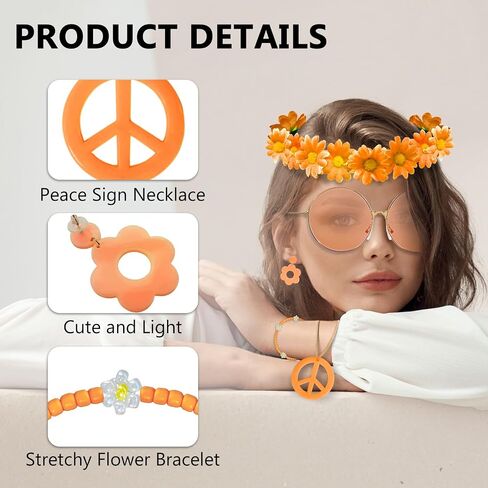 Hippie Costume Accessories Set Peace Sign Necklace Sunglasses Flower Headband Earrings for 60s 70s Outfit Party Women in Kuwait