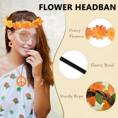 Hippie Costume Accessories Set Peace Sign Necklace Sunglasses Flower Headband Earrings for 60s 70s Outfit Party Women in Kuwait