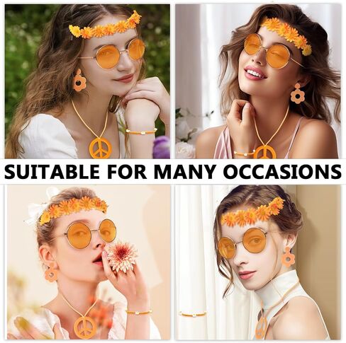 Hippie Costume Accessories Set Peace Sign Necklace Sunglasses Flower Headband Earrings for 60s 70s Outfit Party Women in Kuwait