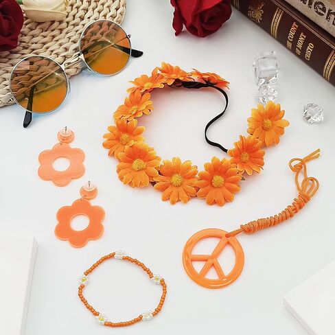 Hippie Costume Accessories Set Peace Sign Necklace Sunglasses Flower Headband Earrings for 60s 70s Outfit Party Women in Kuwait