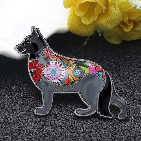 بروش كلب الراعي الألماني مصنوع من سبائك المينا ودبابيس على شكل جرو وحيوان أليف ووشاح وإكسسوارات مجوهرات هدايا للنساء والسيدات (أسود) in Kuwait