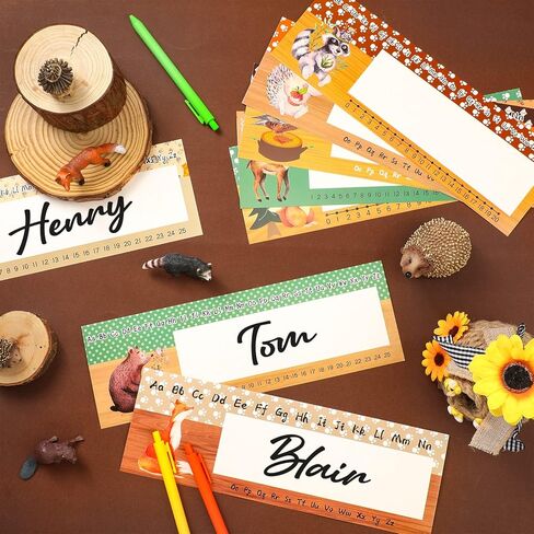 48 قطعة من لوحة اسم أصدقاء الغابة، مخطوطة تقليدية، علامات اسم أبجدية مسطحة يسار/يمين مع نقاط صمغ لتزيين مخلوقات مكاتب طلاب المدارس، 11.8 × 4 بوصات (وودلاند) in Kuwait