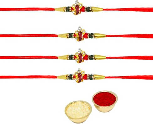 KHANDEKAR Set of 4 Ganesha Design Rakhi for Brother, Designer Rakhi Set for Raksha Bandhan, Rakhi Thread Bhaiya Bhabhi Sister Rakhi Band for Rakshabandhan with Roli Chawal in Saudi Arabia