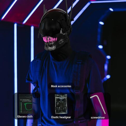 قناع جمجمة Cyberpunk مع قناع سايبر قوطي بإضاءة LED للرجال، قناع Techwear، إكسسوار أزياء الهالوين in Kuwait