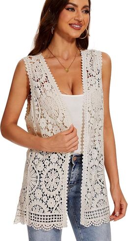 Women's Crochet Floral Boho Lace Trim Sleeveless Kimono Open Front Vest Cardigan in Saudi Arabia