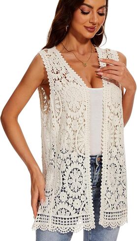Women's Crochet Floral Boho Lace Trim Sleeveless Kimono Open Front Vest Cardigan in Saudi Arabia