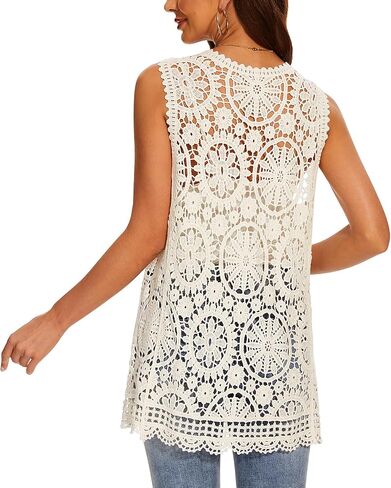 Women's Crochet Floral Boho Lace Trim Sleeveless Kimono Open Front Vest Cardigan in Saudi Arabia
