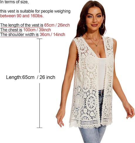 Women's Crochet Floral Boho Lace Trim Sleeveless Kimono Open Front Vest Cardigan in Saudi Arabia