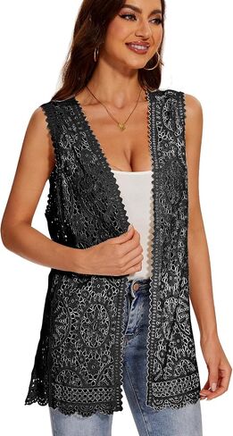 Women's Crochet Floral Boho Lace Trim Sleeveless Kimono Open Front Vest Cardigan in Saudi Arabia