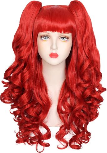 Long Curly Red Wig with Pigtails Red Ponytail Clip on Wig for Women Girls Halloween Cosplay Party in Kuwait