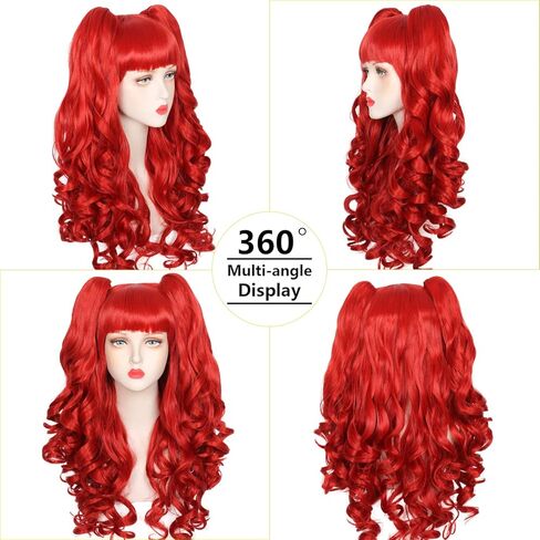 Long Curly Red Wig with Pigtails Red Ponytail Clip on Wig for Women Girls Halloween Cosplay Party in Kuwait