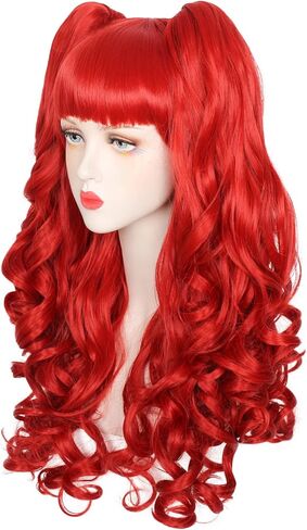 Long Curly Red Wig with Pigtails Red Ponytail Clip on Wig for Women Girls Halloween Cosplay Party in Kuwait
