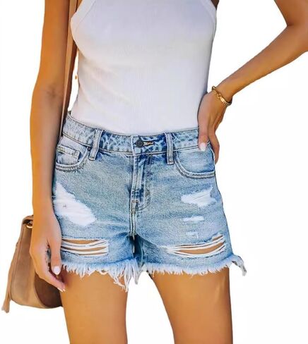Women's Ripped High Waisted Denim Shorts Stretchy Frayed Raw Hem Jean Shorts in Saudi Arabia