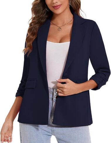 MINTLIMIT Womens Blazer 3/4 Ruched Sleeve Notch Lapel Business Work Blazers One Button Open Front Casual Jackets with Pockets in Kuwait