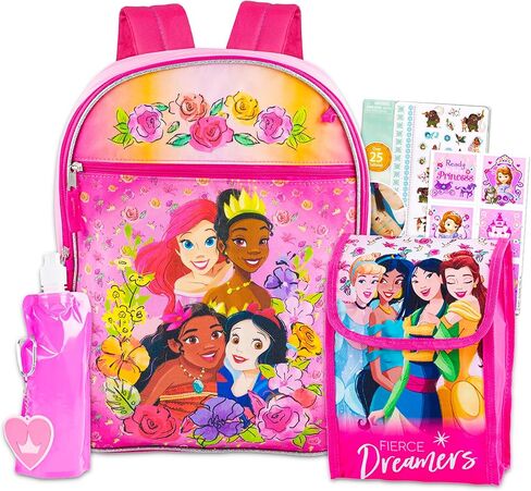 Disney Princess Backpack and Lunch Box Set ~ 16" Princess Backpack with Lunch Bag, Water Pouch, Moana Tattoos, Sofia Stickers (Princess Backpack) in Saudi Arabia