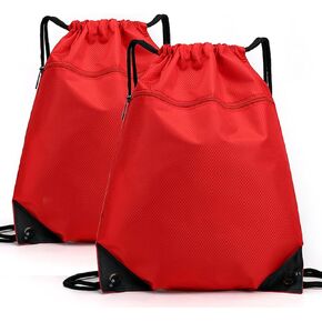 Drawstring Backpack Bag, Waterproof Draw String Back Sack with Zip Pocket, Gym Drawstring Bags Swim Bag for Men Women, Pack of 2, Red