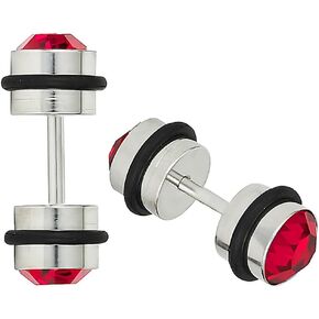 Forbidden Body Jewelry 16g 6mm Surgical Steel with Black O-Rings and Red Crystals Cheater Plug Earrings, Fake 2 Gauge Earrings