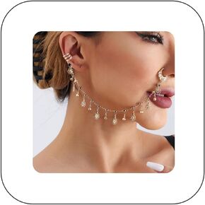 Punk Boho Nose Ring Hoop with Chain Tassel Fake Septum Ring Ear to Nose No Piercing Ear Cuff Indian Jewelry for Women Girls