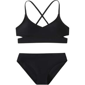 Milumia Girl's Cute 2 Piece Floral Criss Cross Bathing Suit Wrap Bikini Swimsuit Black 11-12 Years