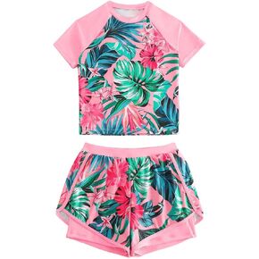 OYOANGLE Girl's 2 Piece Swimsuits Bathing Suits Tropical Print Short Sleeve Top and Swim Shorts Set