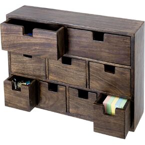 MyGift Brown Mango Wood Vintage Style Desktop Storage Organizer Chest with 9 Pull-Out Drawer Compartments, Tabletop Curio Cabinet Box - Handcrafted in India