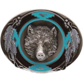 Men Women Belt Buckle Western Cowboy Fashion Silver Metal Oval Bear Feather Blue Black
