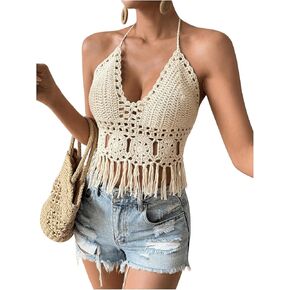 SOLY HUX Women's Crochet Tops Summer Sexy Knitted V Neck Sleeveless Camisole Halter Fringe Crop Top