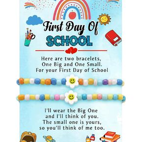 First Day Of Kindergarten Bracelet For Mommy and Me, Back To School 2Pcs/Set Letter Heart Flower Pendant Colorful Beads Silicone Gift Jewelry