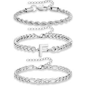 3 قطع من أساور السلسلة الأولية الفضية من A-Z للرجال، مجموعة أساور من الفولاذ المقاوم للصدأ بحبل كوبي فيجارو، هدايا للرجال والنساء، 7.5+2 بوصة in Kuwait