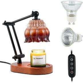 Candle Warmer Lamp with 2 Bulbs, Dimmable Candle Warmer Lamp with Timer, 2H/4H/8H Timer, Adjustable Height & Heat, Electric Candle Lamp Warmer Compatible with Large Jar Candle (Brown)