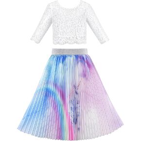 Sunny Fashion Girls Dress 2PC Set White Floral Lace Glitter Tulle Skirt 3/4 Sleeve