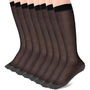 4 Pairs Nylon Knee Highs Socks Silky Anti Slip Cotton Sole Socks Sheer Knee High Stockings Knee High Sheer Socks for Women Over Calf Stockings Ultra Stretchable Trouser Socks(Black)
