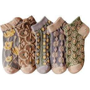 5/10 Pairs Floral Vintage Patterned Crew Socks for Women Jacquard Knit Setfor Casual Wear Size 4-9