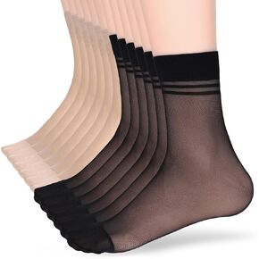 12 Pairs Ankle Stockings for Women Sheer Thin Nylon Socks Breathable Silk Socks with Reinforced Toe(Black & Nude)