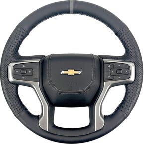 Hand-Sewing Steering Wheel Wrap Cover Black Perforated Leather/Grey Marker Strip Wrap Interior Protection Accessories for Chevrolet Silverado 1500 2019-2021 2500HD 3500HD/ Chevy Suburban 2020-2022