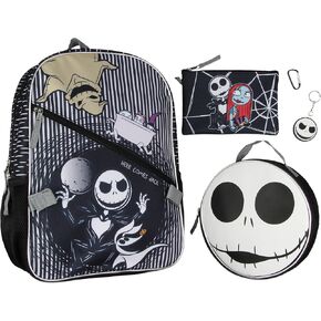 Disney Nightmare Before Christmas Jack Skellington 5 Pc Backpack Set With Lunch Box Pencil Case Carabiner And Keychain
