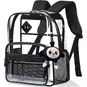 Digi4U Clear Backpack for Girls Boys,Large Heavy Duty Black Backpack for Kids, Clear Backpack with Eggy Party Plush for School, Stadium Events, Office, Travel and Camping (Black)