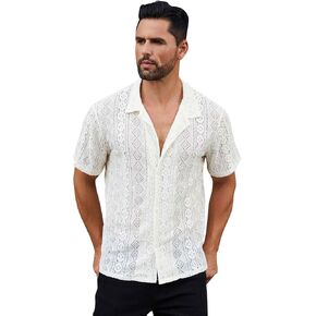 ABAFIP Men's Floral Lace Shirt Casual Short Sleeve Sheer Beach Shirt Cuban Hollow Mesh Tee Knit Rave Tops
