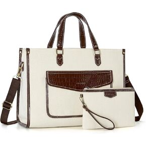 Missnine Tote Bag Canvas Laptop Bag for Women 15.6 inch Casual Work Bags with Clutch Purse Computer Shoulder Bag 2 PCS Set for Travel, Office, College