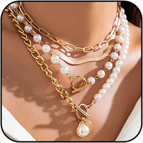 Layered Gold Necklaces Stack for Women Chunky Gold Necklace Herringbone Paperclip Pearl Chain Necklace OT Bar Clasp Necklace Country Concert Outfits Accessories