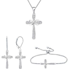 YL Women's Cross Necklace Sterling Silver Infinity Cross Earrings Cubic Zirconia Criss Bracelet Jewelry