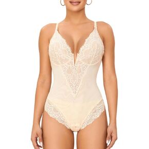Lace Shapewear Bodysuit for Women V-Neck Tummy Control Thong Backless Body Shaper