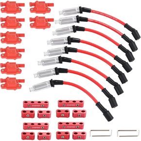 Set of 8 Ignition Coil Pack Square Type + Set of 8 8mm Spark Plug Wire Harness High Voltage Energy Compatible with Chevrolet GMC Cadillac Replace# UF413, D513A, C1511