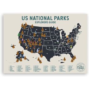 US National Parks Travel Scratch Off Poster - Reveals Pine Shaped Nature Photographs - Beige / 24 x 17 Inches