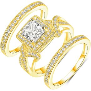 MDFUN 18K Yellow Gold Plated Cubic Zirconia Three-in-One Square Halo Wedding Engagement Promise Eternity Ring for Women