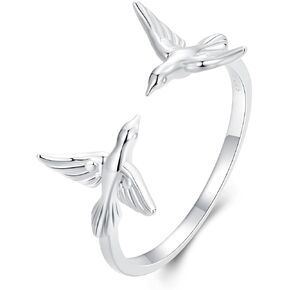 Cute Hummingbird Stacking Open Ring for Women 925 Sterling Silver Flying Bird Animal Adjustable Statement Wrap Finger Bands Eternity Promise Rings Dainty Jewelry Gifts Birthday