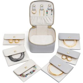 Travel Jewelry Box Organizer Small Jewelry Case with 6 Jewelry Bags Mini Pouch, Portable Traveling Jewelry Case for Women, Black Leather Compact Jewelry Travel Necklace Case Holder