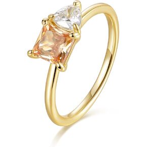 14K Gold Plated Engagement Rings for Women Princess Cut Created Yellow Citrine Trillion Cut Cubic Zirconia Double Stone Wedding Band Promise Rings for Her Size 5-10