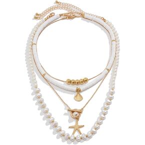 Summer Starfish Shell Necklaces for Women Trendy Boho Seashell Beach Pendant Necklaces Gold Layered Pearl Choke Chain Necklace Dainty Fashion Statement Jewelry