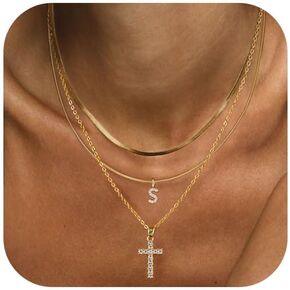 BERISO Gold Layered Initial Cross Necklace, 14K Gold Plated Diamond Initial Cross Pendant Necklace from A-Z Adjustable Layering Choker Necklaces for Women Jewelry Gifts